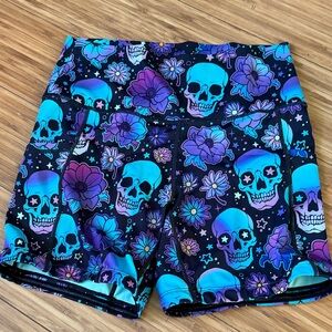 Skull and Floral Patterned Athletic Shorts